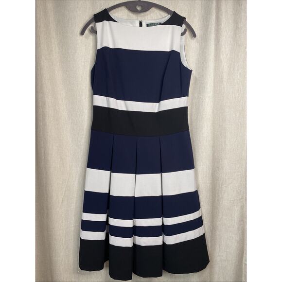 Lauren Ralph Lauren Womens Fit & Flare Dress Sz 4 -Navy White Sleeveless Pleated - Picture 1 of 5